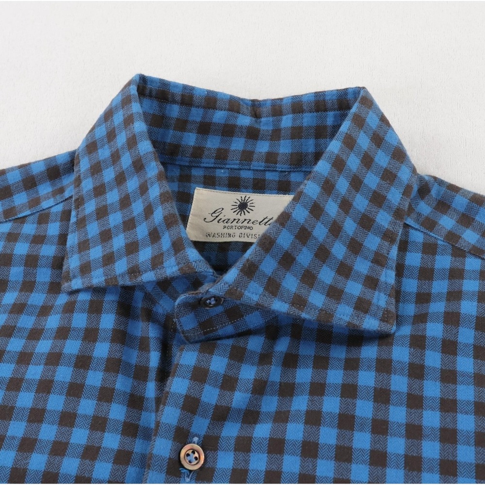 Giannetto Portofino Shirt Mens Medium Blue Brown Check Flannel Long Sleeve Italy